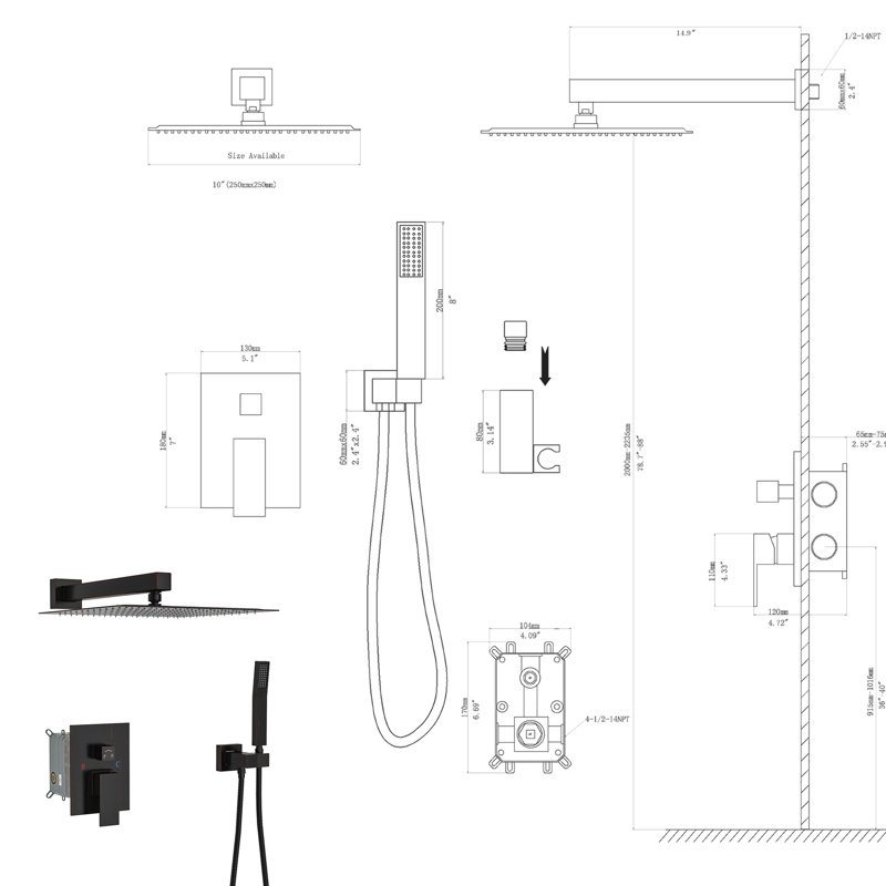 10 Inch Dual Square Shower Head System - Wall Mounted Square, Oil Rubber Bronze Rubbed, Oil Rubber Bronze