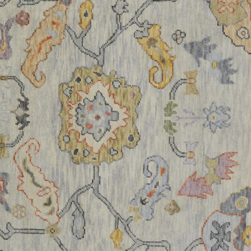 Tapis oriental en coton / laine gris / jaune / orange noué à la main Lillie-Jai, Rectangle 5 pi 6 po x 8 pi 6 po