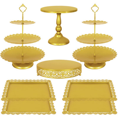 8 Pcs Cake Stand Gold Metal Dessert Table Display Set, 3-Tier Cupcake Stand, Cake Display Tower and Cookie Tray Rack Serving Tray for Birthday Party, Weddings, Baby Shower (Gold)