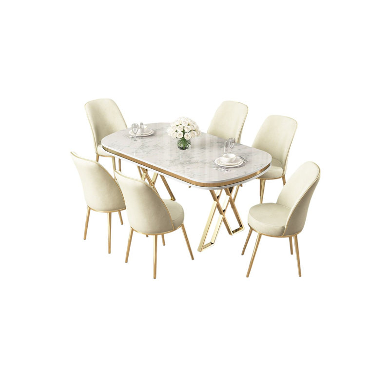 Ensemble de table et chaises de salle à manger élégant 7 pièces, finition crème blanche et dorée | Panneau 100% laqué, pieds en métal, design moderne glamour | Table: 66,1 po x 29,9 po x 35,4 po | Chaises: 17,7 po x 35,8 po x 16,5 po | Tissu confortable Babyface, parfait pour les espaces de salle à manger élégants