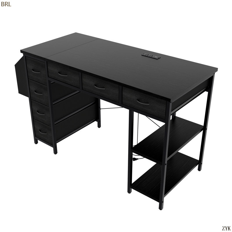 Bureau d'ordinateur 47,3 po avec 7 tiroirs, une très grande poche latérale et des prises de courant - Idéal pour le bureau à domicile, le bureau ou les jeux - Noir