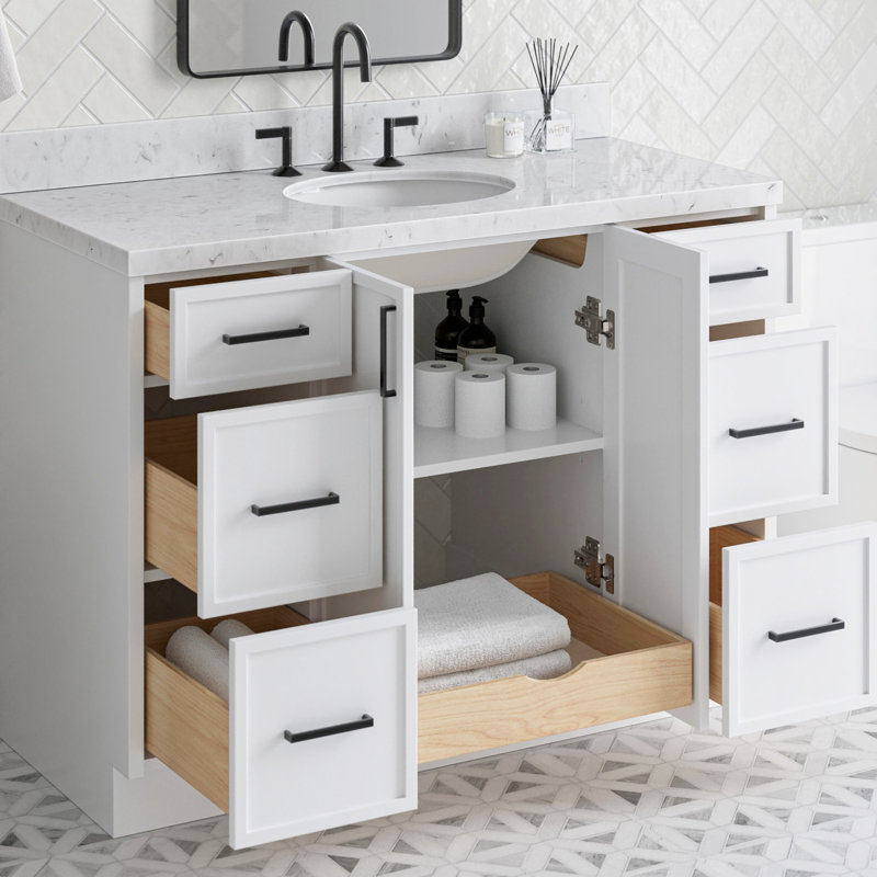 ARIEL Kelly 48 Single Sink Bathroom Vanity with Carrara Quartz Top, White, 48"