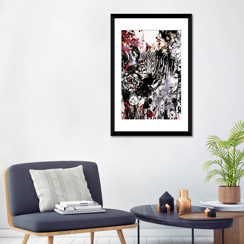 « zèbre », impression sur toile, H 24 po x l 16 po x P 1 po, Papier avec cadre noir, Blanc