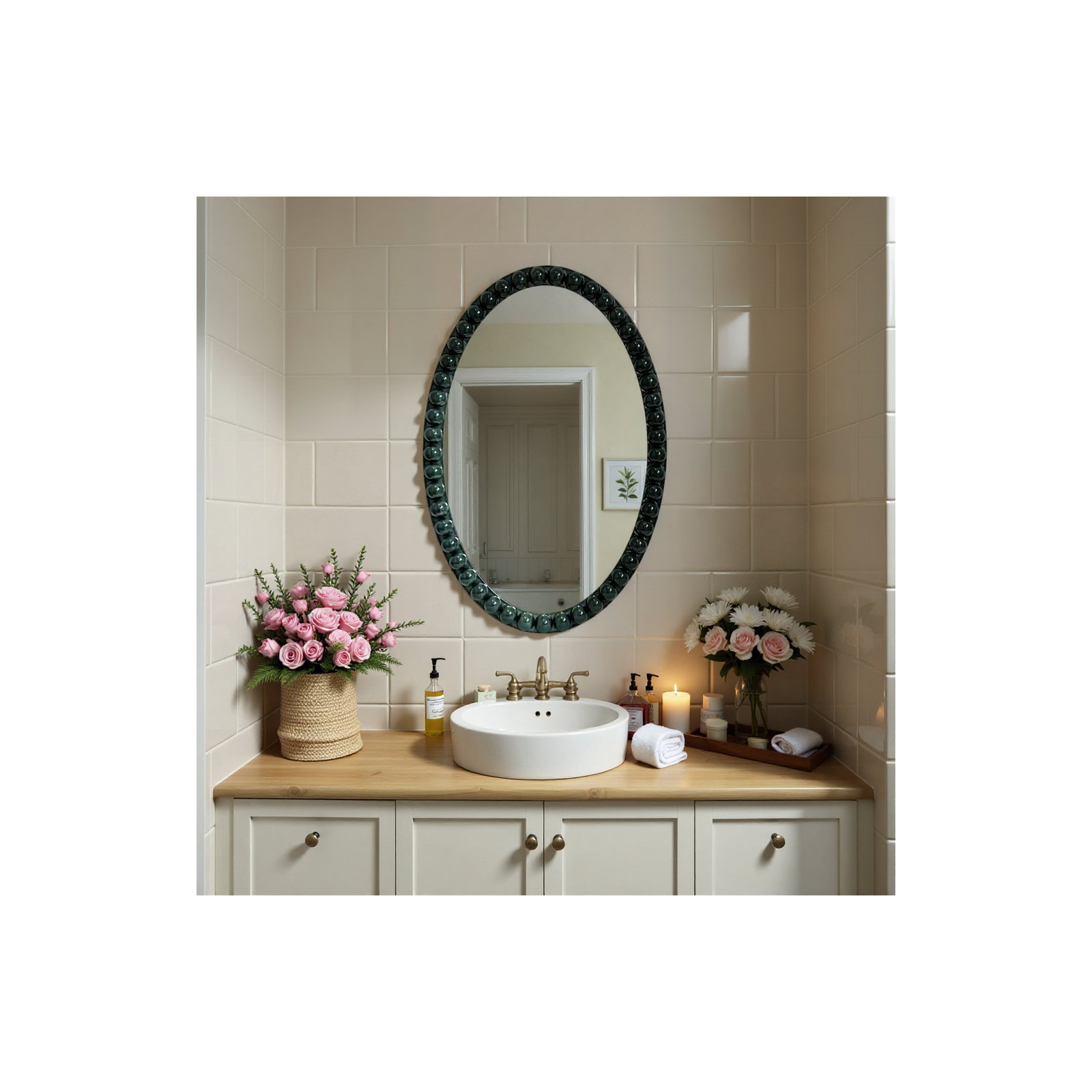 Varsha Oval Glossy Navy Mirror, Green