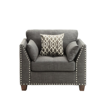 Chaise en lin gris avec 3 coussins - Accoudoirs rembourrés et garnis de têtes de clou, siège à ressorts ensachés, pieds en bois gris anthracite avec 3 sièges, pieds en bois, détails de garniture