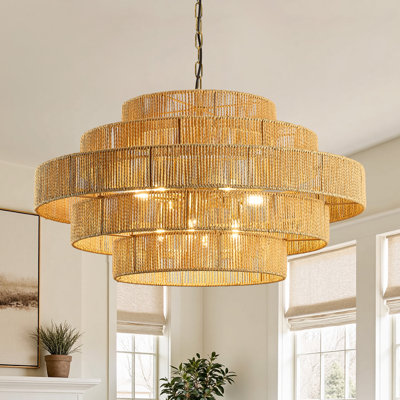 10 - Light Dimmable Hand-woven Rattan Tiered Chandelier