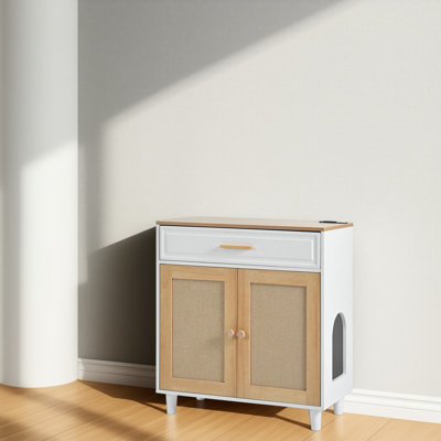 Furniture Style Cat Litter Box with Sisal Scratching Door and Charging Socket, Pet-Friendly White Cabinet for Modern Homes
