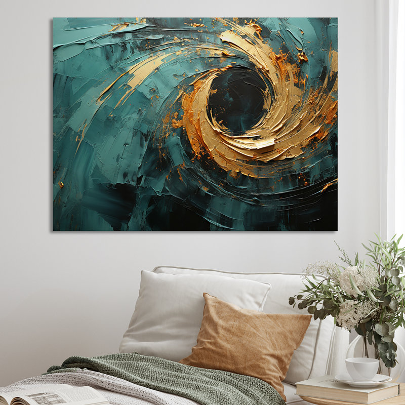 Golden Emerald Surge - Abstract Spirals, art mural, Toile tendue, H 16 po x l 32 po