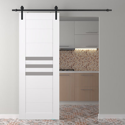 Dome 3-Lite Frosted Glass Snow White Wood Composite Sliding Barn Door with Hardware Kit