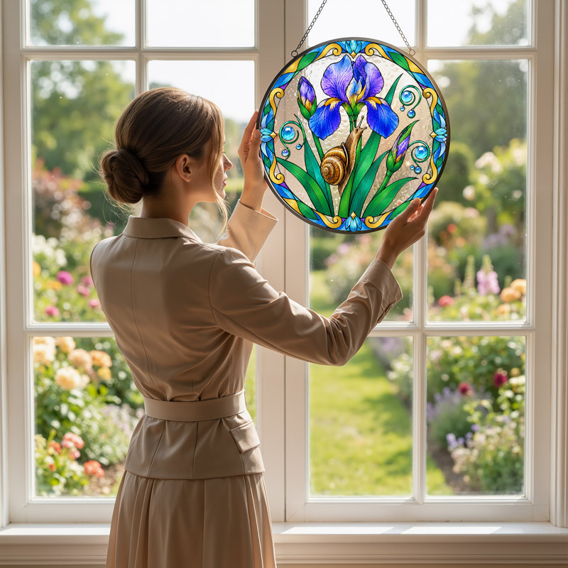 «Brown Snail on Blue Iris in St donned Glass», art mural sur toile, H 12 po