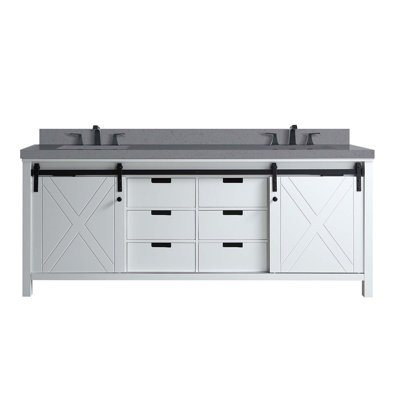 White Double Bath Vanity 80 In. W X 22 In. D, Grey Quartz Countertop And Faucet Set