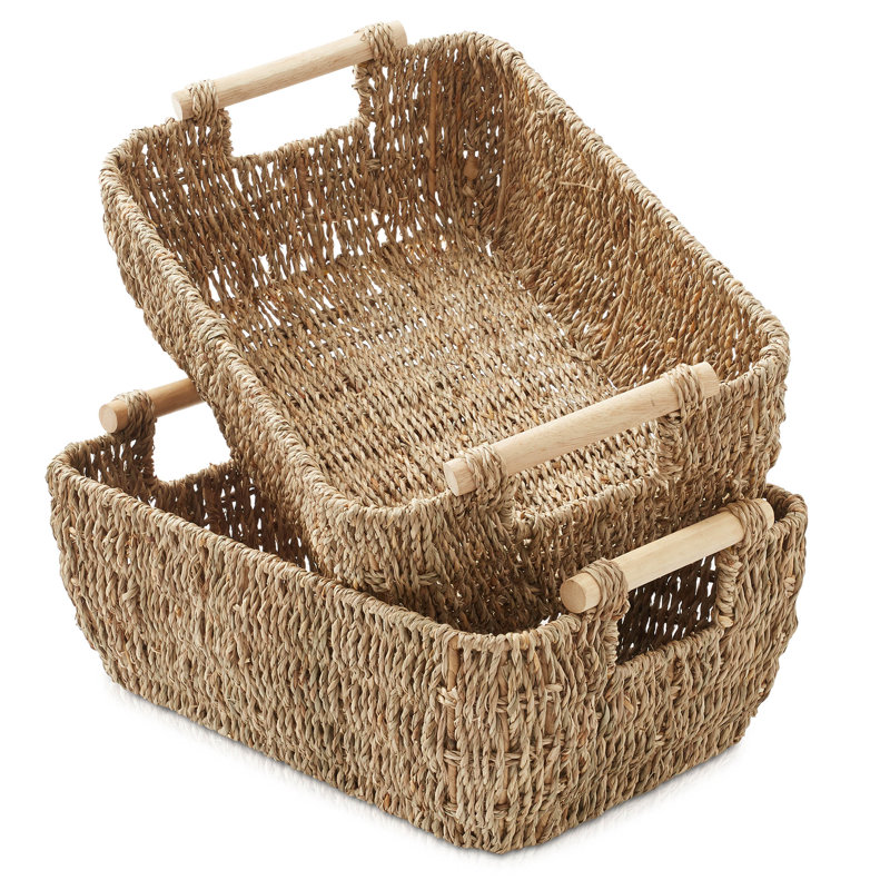 2pk Seagrass Oval Storage Baskets w/ Wooden Handles, Medium Woven Bins, 6.25” H x 10.75” W x 15.5” D
