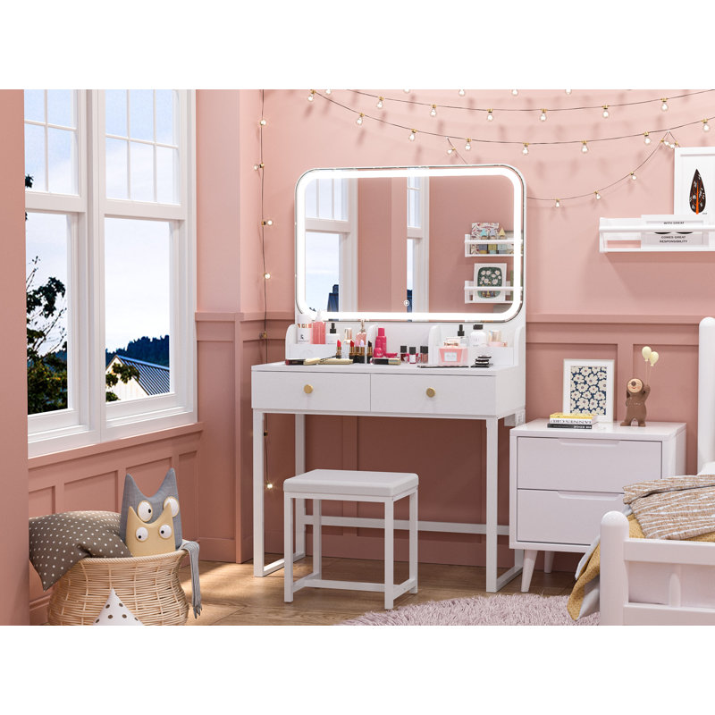 Leileen 31.5" W Makeup Vanity Set With LED Lighted Mirror & Power Outlet & Stool