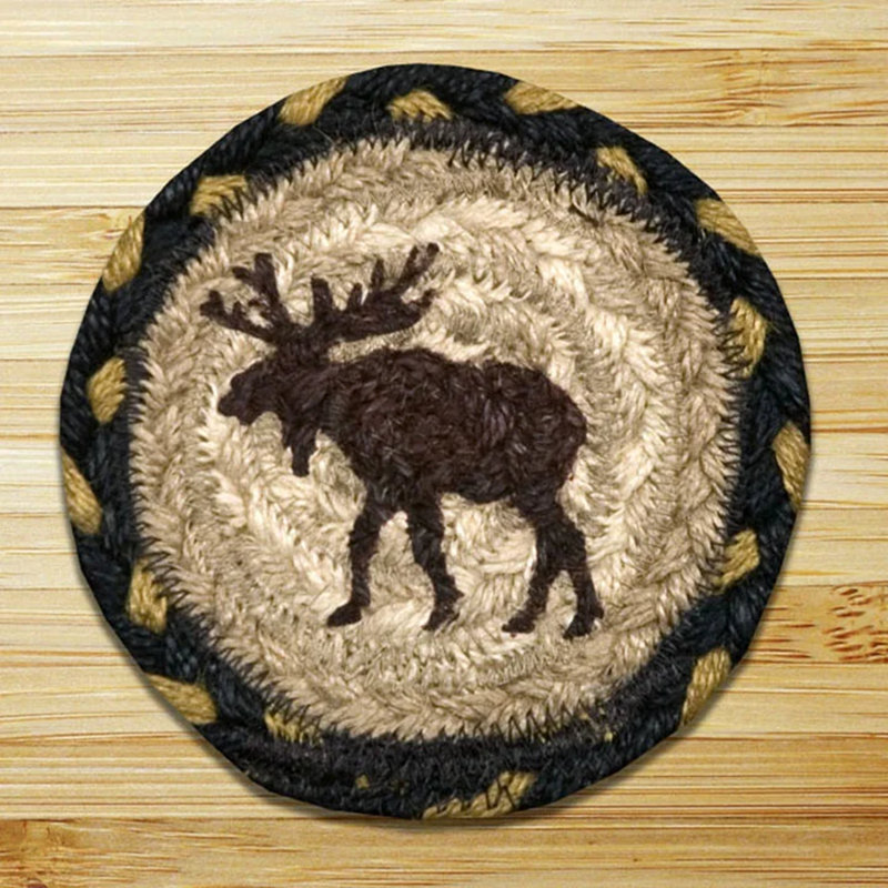  Moose Printed Coaster 5" H Rustic Braided Jute Square with Lodge Wildlife Design for Cabin or Country Decor