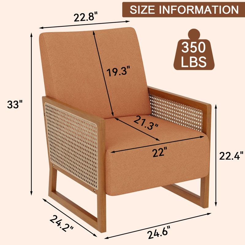 Upholstered Accent Chair With Rattan Arms And Solid Wood Legs, Orange Linen