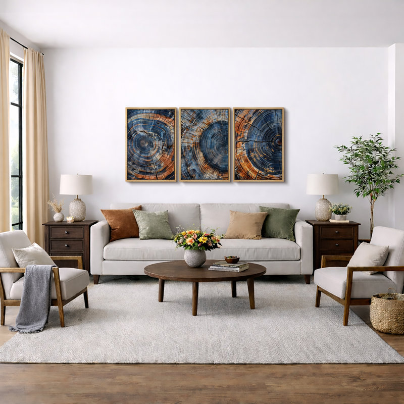 Anneau d'arbre «Œuvre de souche en bois brun marine foncé, photos de cabane de ferme rustique rétro, art mural impression numérique sur toile 3 pièces»  