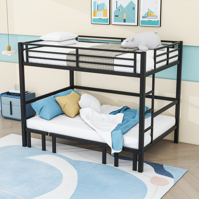 Metal Bunk Bed With Ladder And Slats, Queen Over Queen