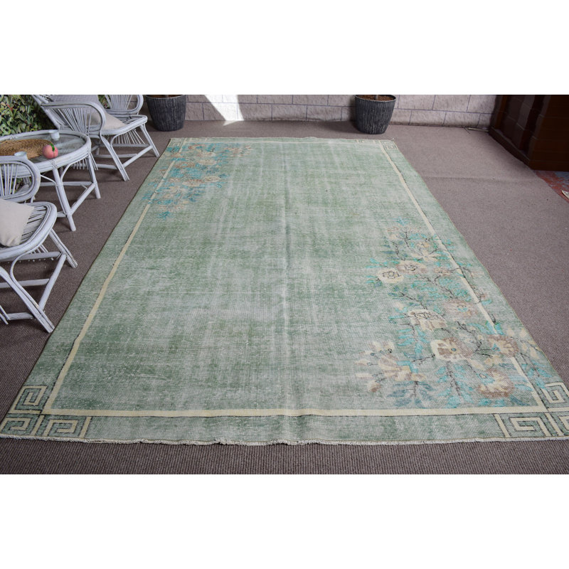 Surdimensionné tapis turc Oushak rétro vert vif avec motif floral idéal pour les espaces de vie