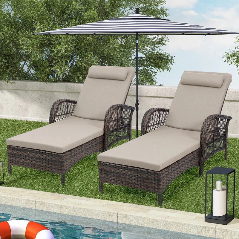 2-Piece Outdoor Wicker Lounge Chairs With Cushion, Rattan Patio Chaise Loungers With 6-Level Backrest, All Weather Lay Flat Pool Sunbathing Recliner Chair, Armrest And Head Pillow, Beige