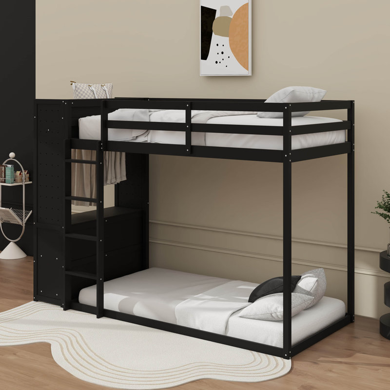 Bunk Bed With 4 Storage Drawers, Hanging Rail, Light Strip And Built-In Shelves & Dual Pegboards, Black