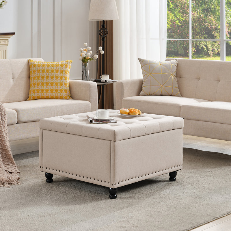 Arshi 30'' Tufted Square Storage Ottoman, Beige Linen Blend