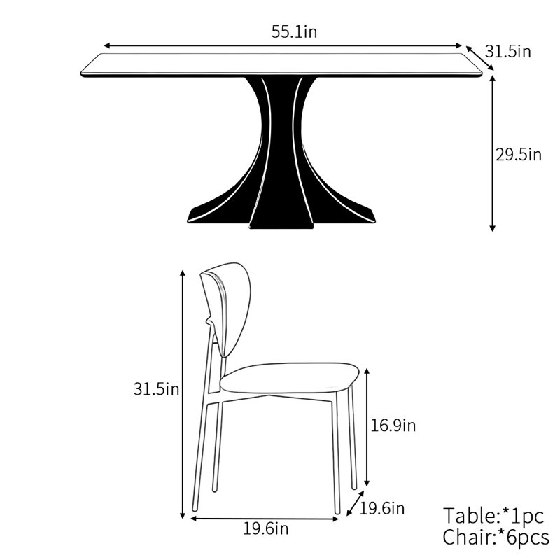 Ensemble de table de salle à manger rectangulaire minimaliste français, H 29,5 po x L 55,1 po x l 31,5 po