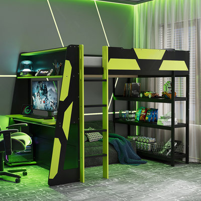 Lit mezzanine pleine grandeur avec bureau, tablettes et lumières DEL, noir et vert