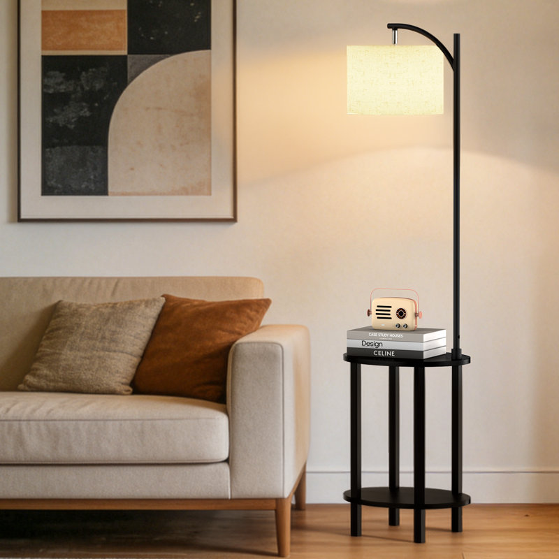 2-Tier Solid Wood Tray Table Floor Lamp With Bulb Included