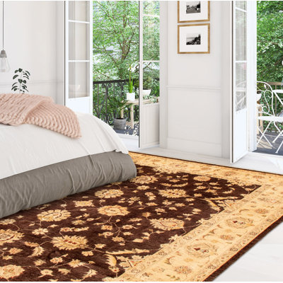 Tapis décoratif en laine de conception unique 7 pi 10 po x 9 pi 8 po noué à la main New Age en brun/noir