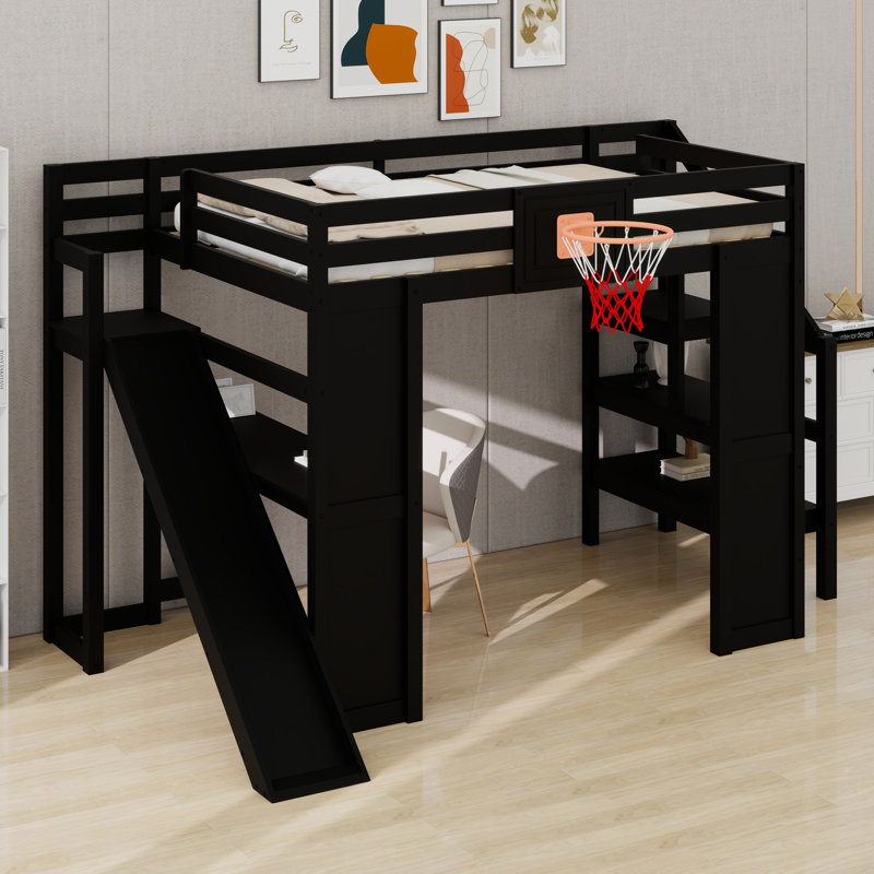 Lit mezzanine avec bureau, panier de basketball, glissade et escalier, Noir