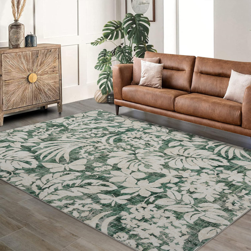 Soft Botanical Leaf Area Rug – Washable, Collapsible, Non-Slip, Mark-Resistant, Soft Faux Woolen – For Living Room, Bedroom, Kitchen – Green Tone, 10x13ft