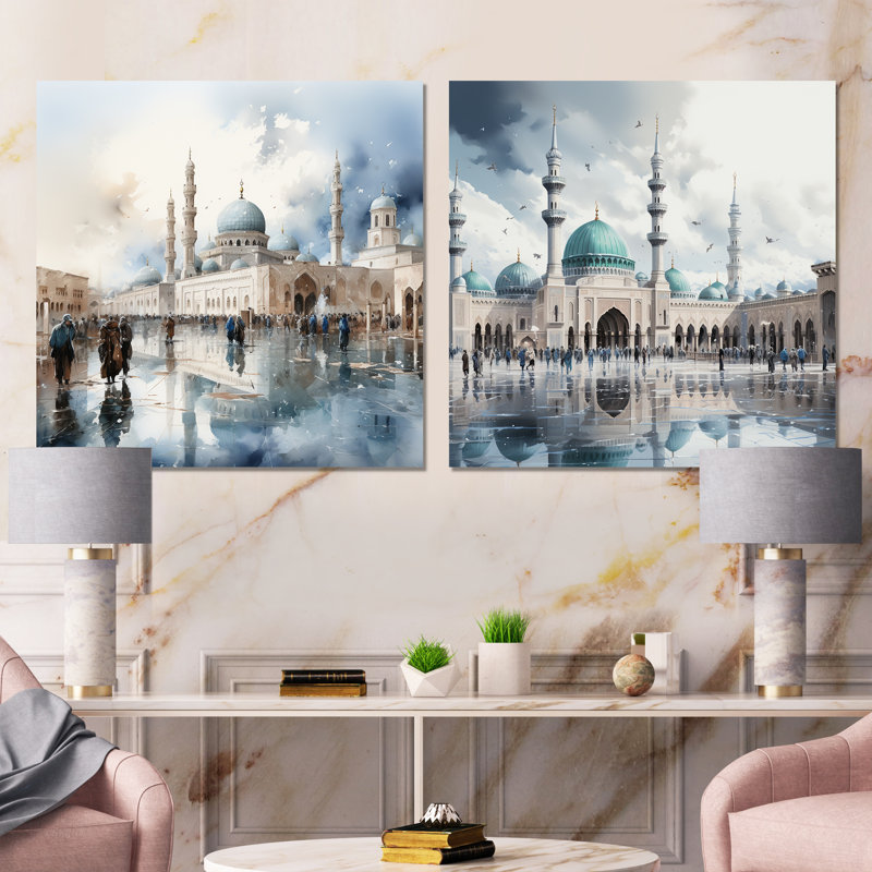 Ensemble de 2 mosquées blanches et bleues,, H 29 po x l 58 po