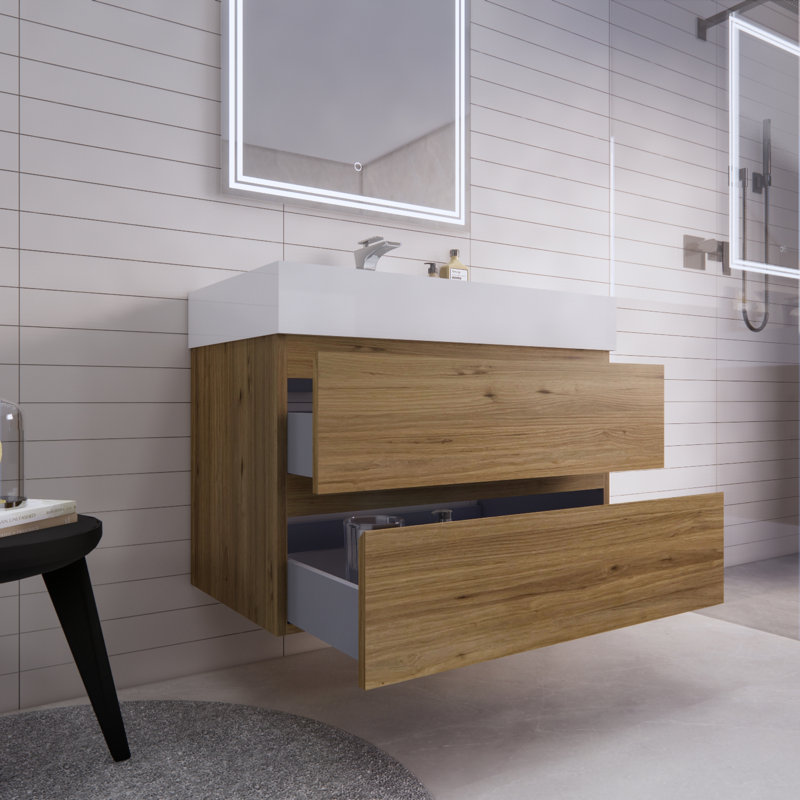 Ensemble de meuble-lavabo mural simple 35 po Babajide, Chêne naturel