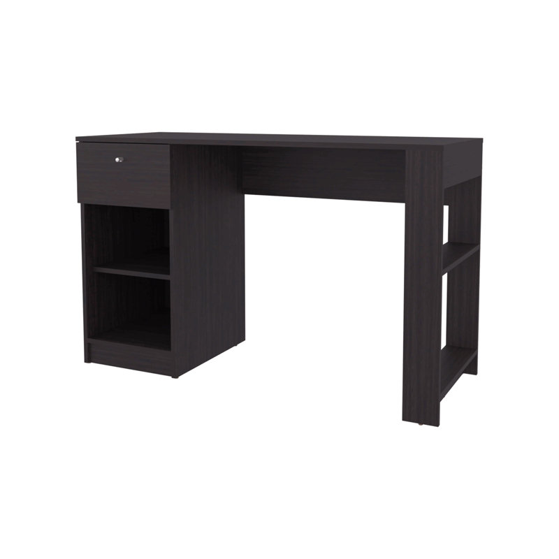 Bureau d'ordinateur avec tiroir et rangement ouvert, Brun