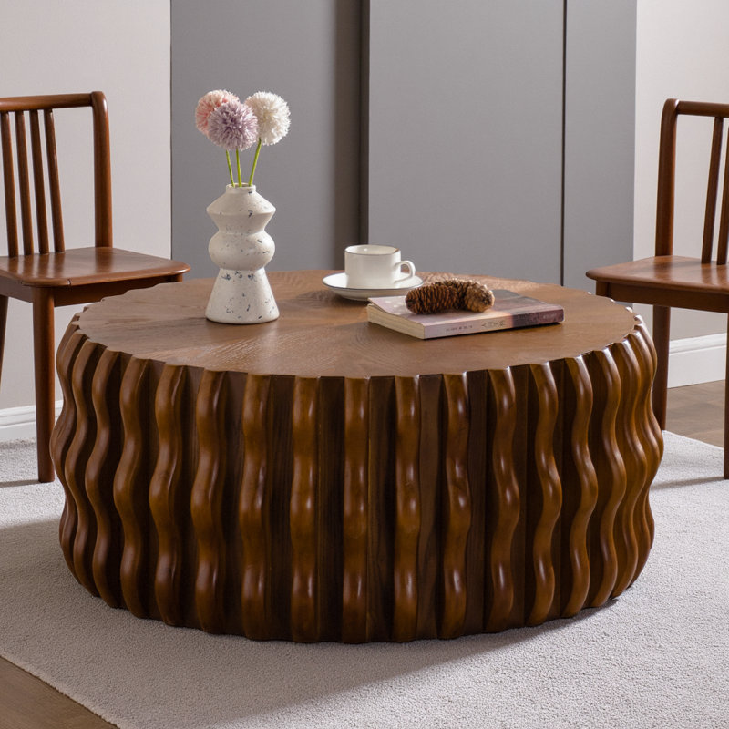 Drum Fluted Modern Round Coffee Table, Mid Century Circle Center Table with Sturdy Pedestal for Living Room and Bedroom