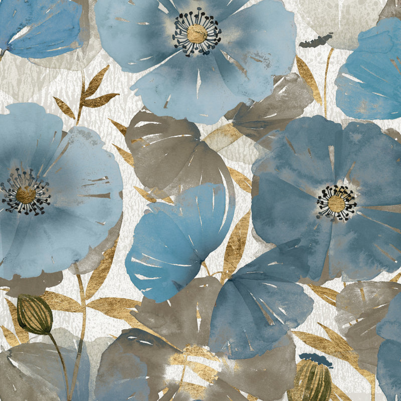 Coquelicots bleus et dorés II, H 30 po x l 30 po