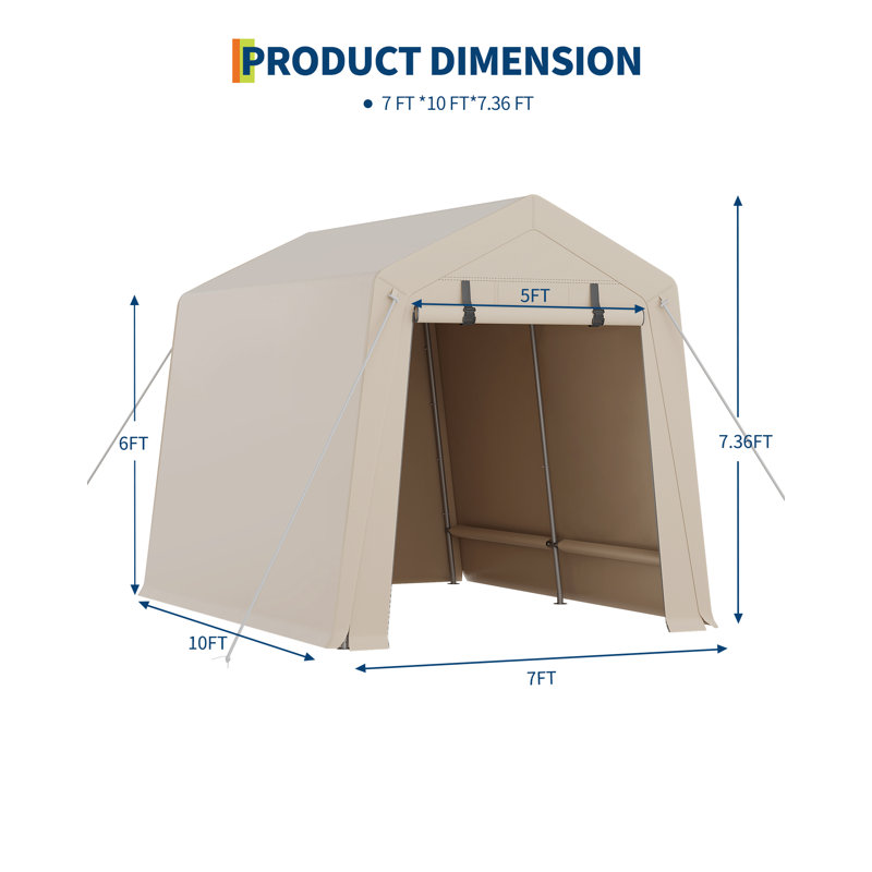 7x10x7.4 FT Pop-Up Shed, Heavy-Duty Waterproof UV PE Canopy, Zipper Door, Screen Window, Instant Portable Garage for Bikes, Mower & Garden Tools, Khaki