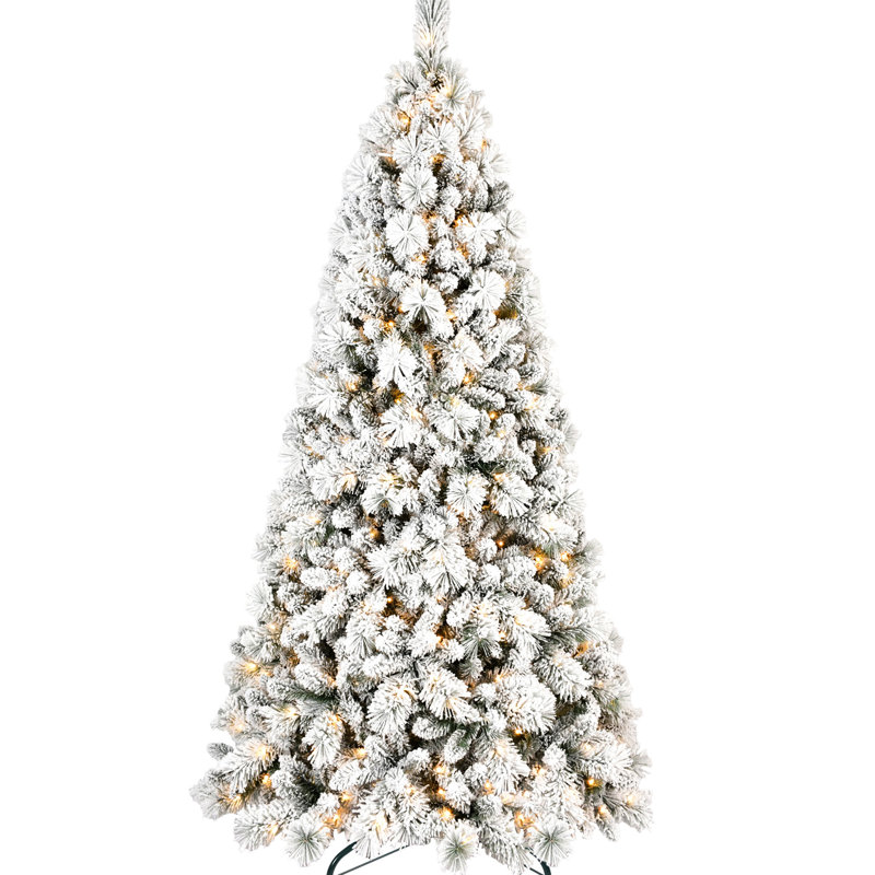 500 lumières DEL blanc chaud - arbre de Noël floqué amélioré de 7,5 pi, 1252 pointes givrées saupoudrées de neige, branches à aiguilles dures, installation à charnières simple, base en métal pour des fêtes embellies et rapides