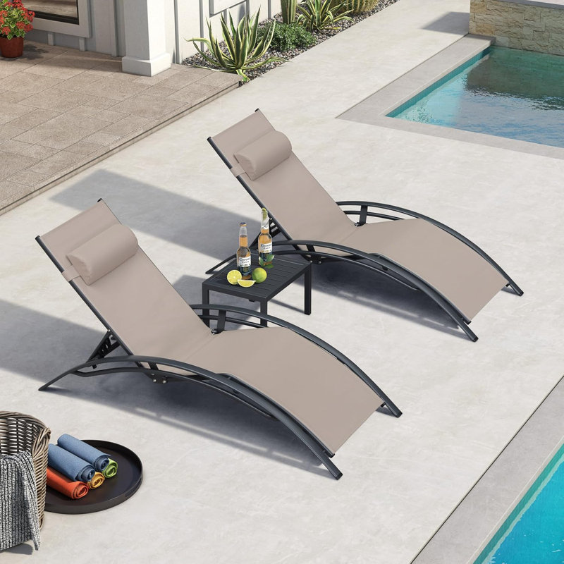Patio Outdoor 69.3" Long Reclining Chaise Lounge Set Of 3 With Arm For All Weather, Side Table Included, Taupe