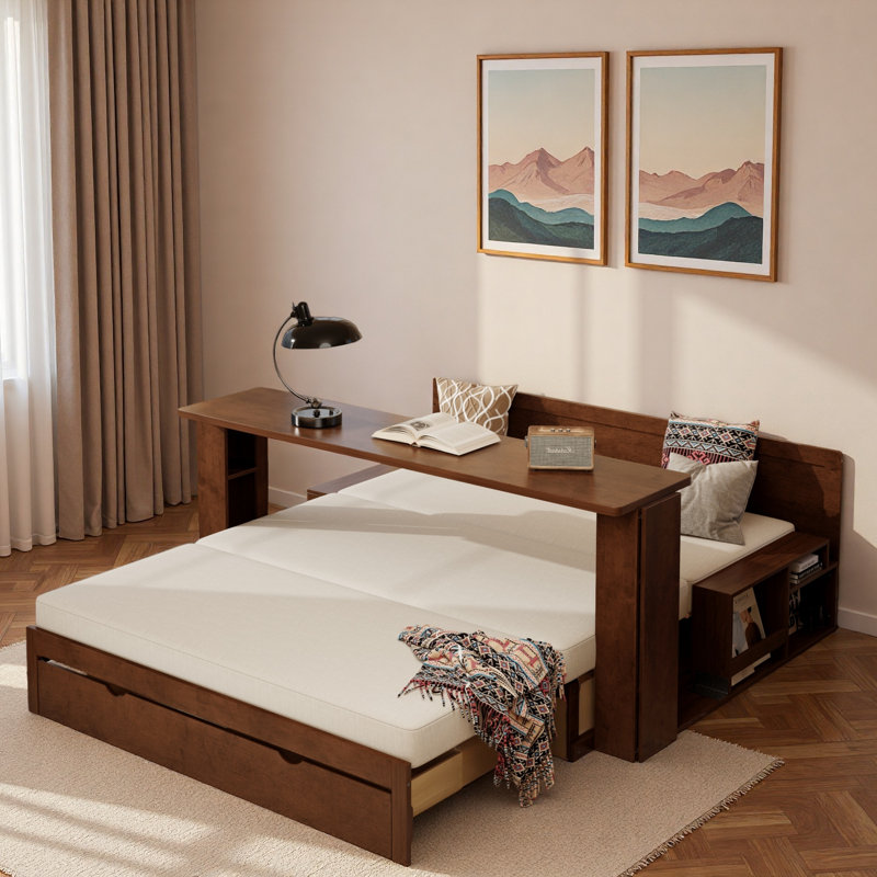 Multifunctional Daybed With Storage Drawer, Open Compartments And Hydraulic Side Table, Queen, Espresso