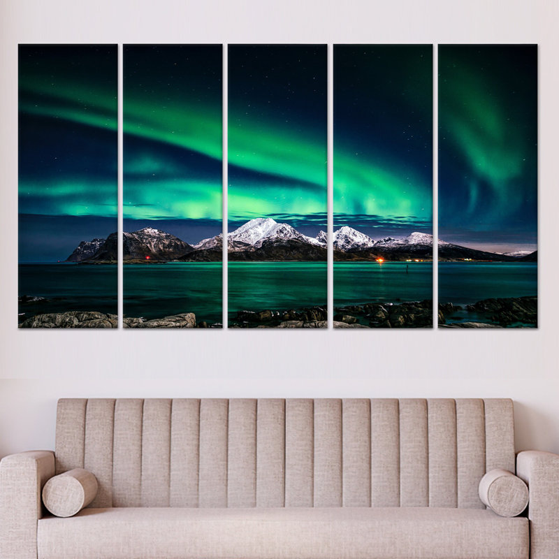 Toile imprimée Aurora Borealis: Night Sky Landscape, toile tendue 5P, 43,3 po H x 98,4 po l