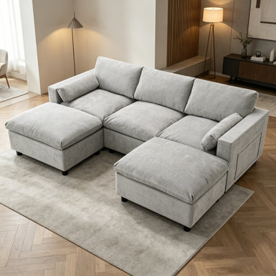 Modular Sectional Sofa with Storage Pockets, 5 Seat U Shaped Chenille Couch Set with Pillows, Free Combination Modern Cloud Sofa