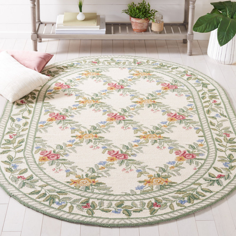 Hand Hooked Wool Pile Floral Rug, Oval 4'6" x 6'6" 