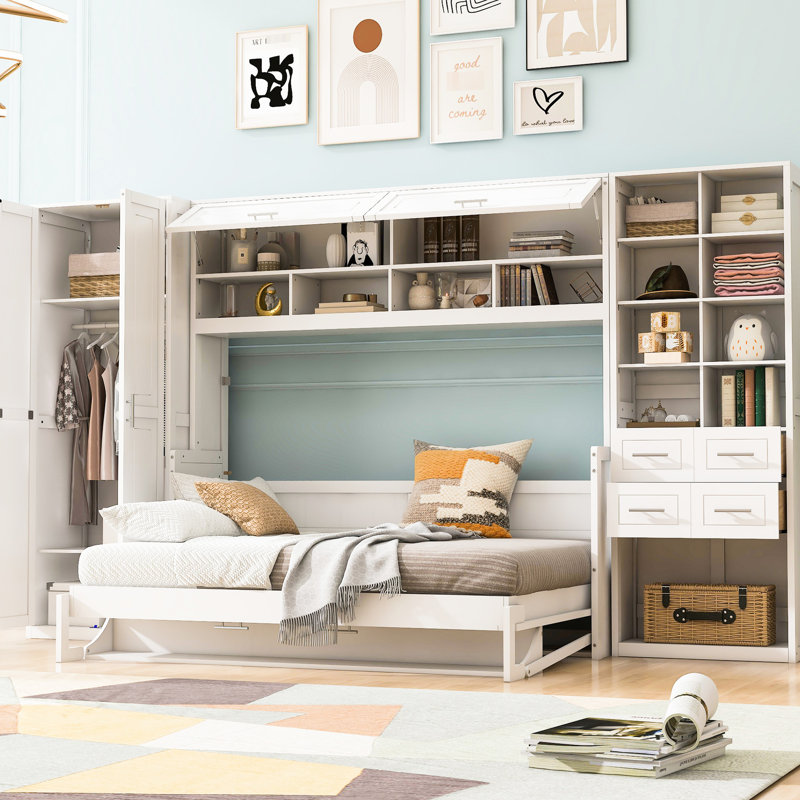 Lit mural blanc avec configuration personnalisable et tablettes de rangement latérales pour un usage domestique