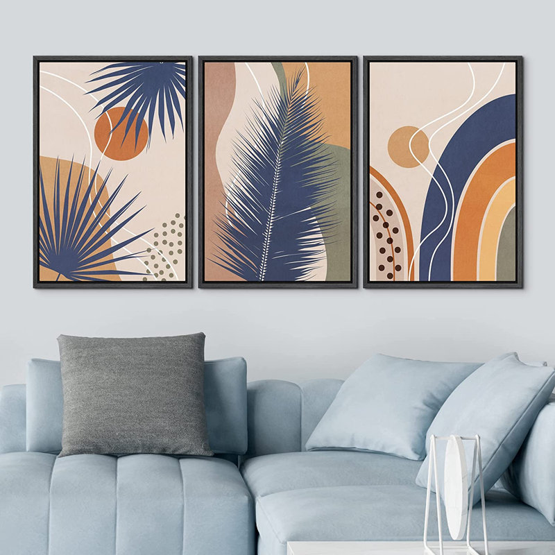 «Mid Century Shape Geometric Palm Leaf Polygon», ensemble de 3 impressions sur toile flottante, H 24 po x l 48 po, Noir