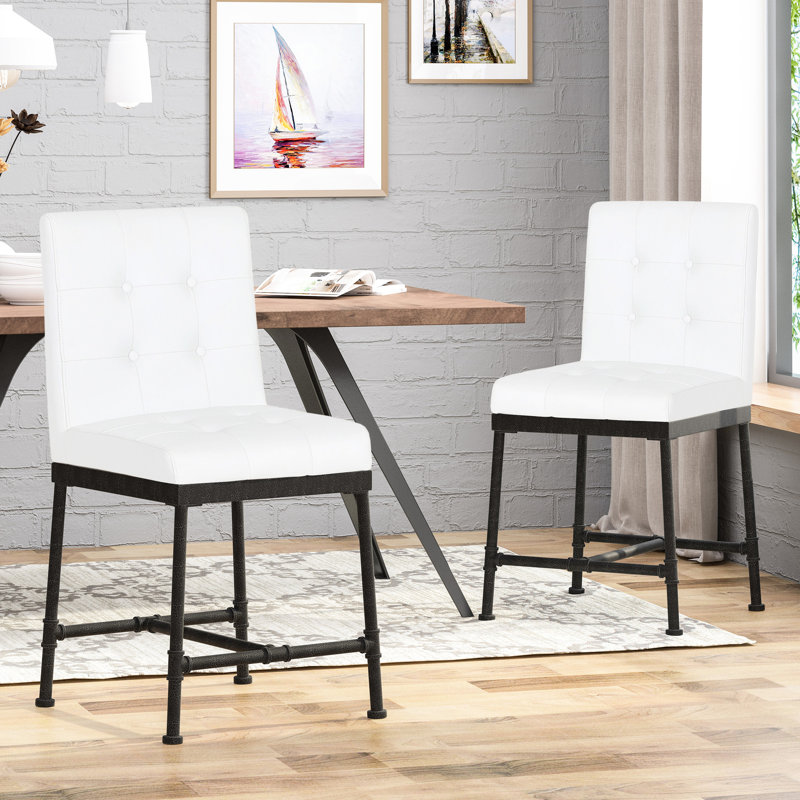 Industrial Modern Wood Counter Stool (2) - Button White 20.4''w X 23''d 2 38.8''h