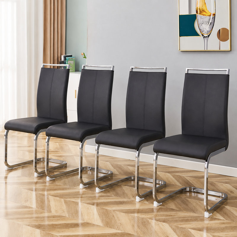 Modern Faux Leather High-Back Cantilever Dining Chairs with Top Handle, Black, Silver, 4