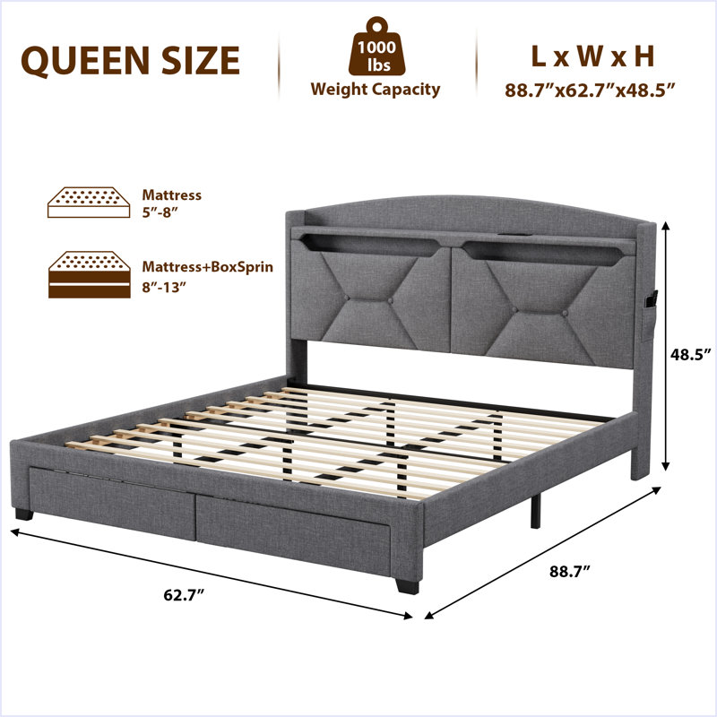 Lit avec tête de lit avec rangement et 2 tiroirs, Gris, Grand lit