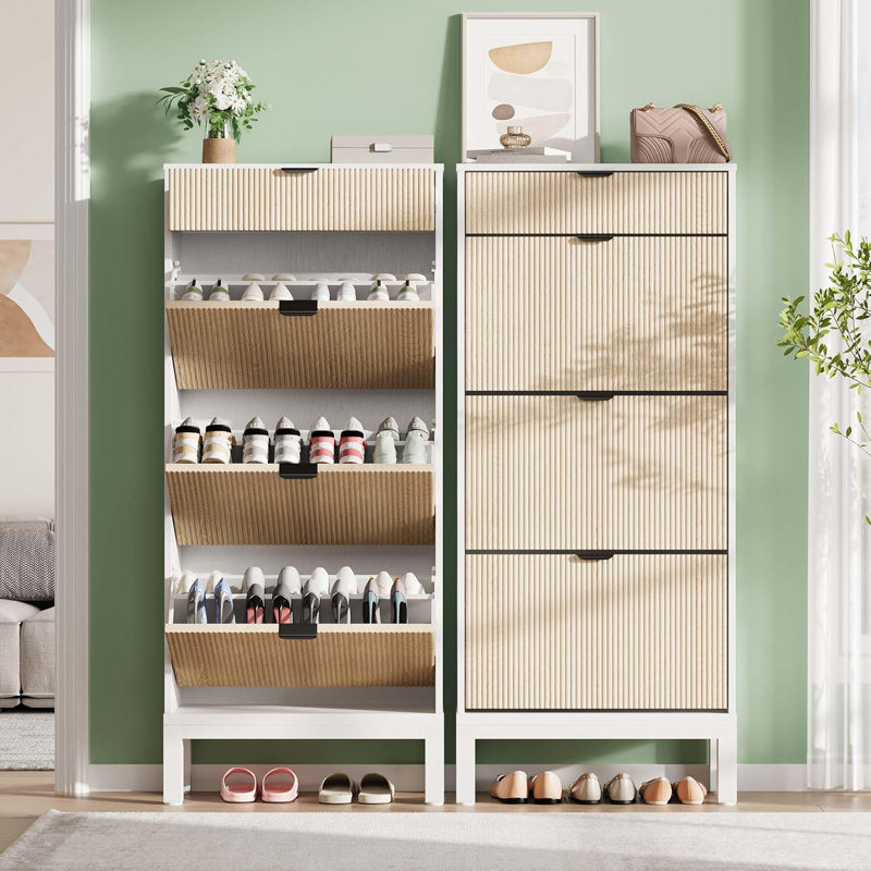Shoe Cabinet with 3 Flip Doors & 1 Drawer, Modern Fluted Shoe Organizer for Entryway,Hallway, Natural Wood