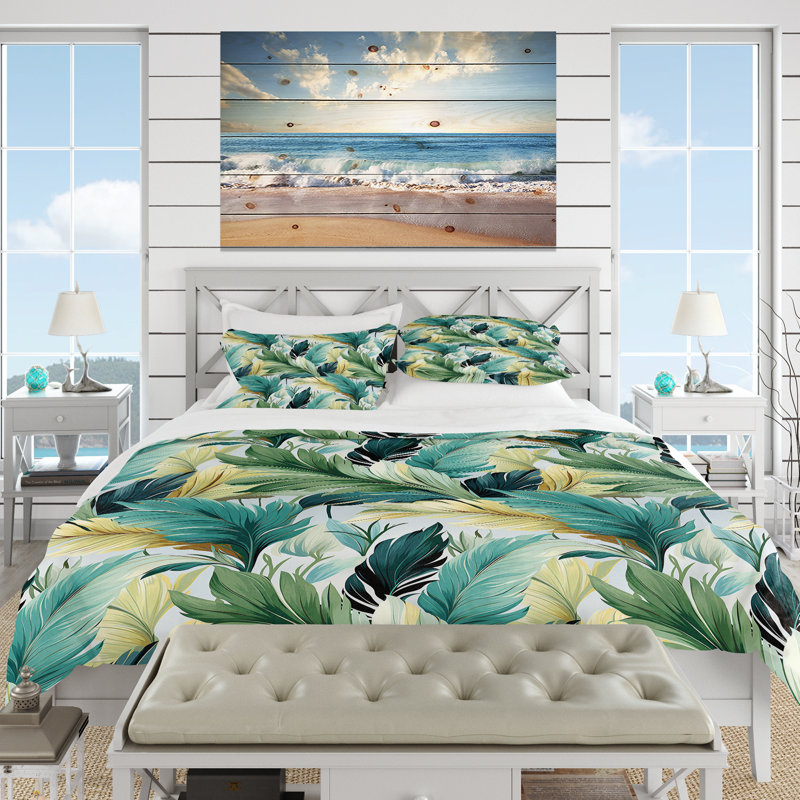 Ensemble de housse de couette à motif floral Palm Mirage, Housse de couette simple + 1 taie décorative stan